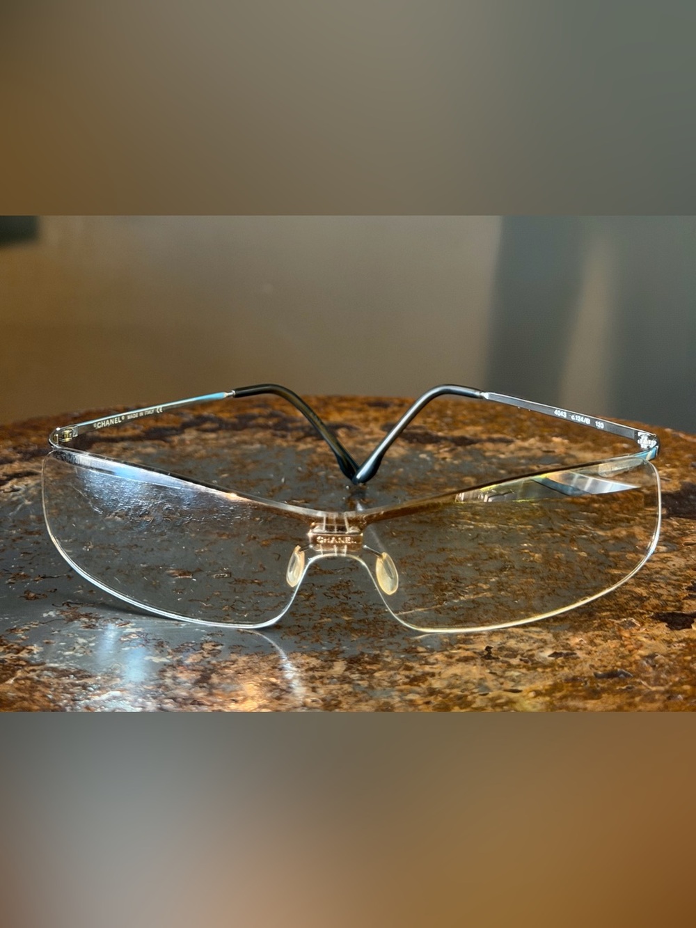 CHANEL Clear Rimless Shield Sunglasses with Silver Temples